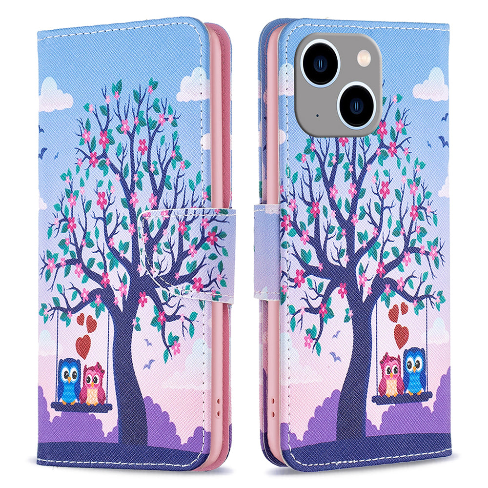 Uniqkart for iPhone 15 Plus Wallet PU Leather Phone Case Pattern Printing Stand Protective Phone Cover - Two Owls Uniqkart for iPhone 15 Plus Wallet PU Leather Phone Case Pattern Printing Stand Protective Phone Cover - Two Owls